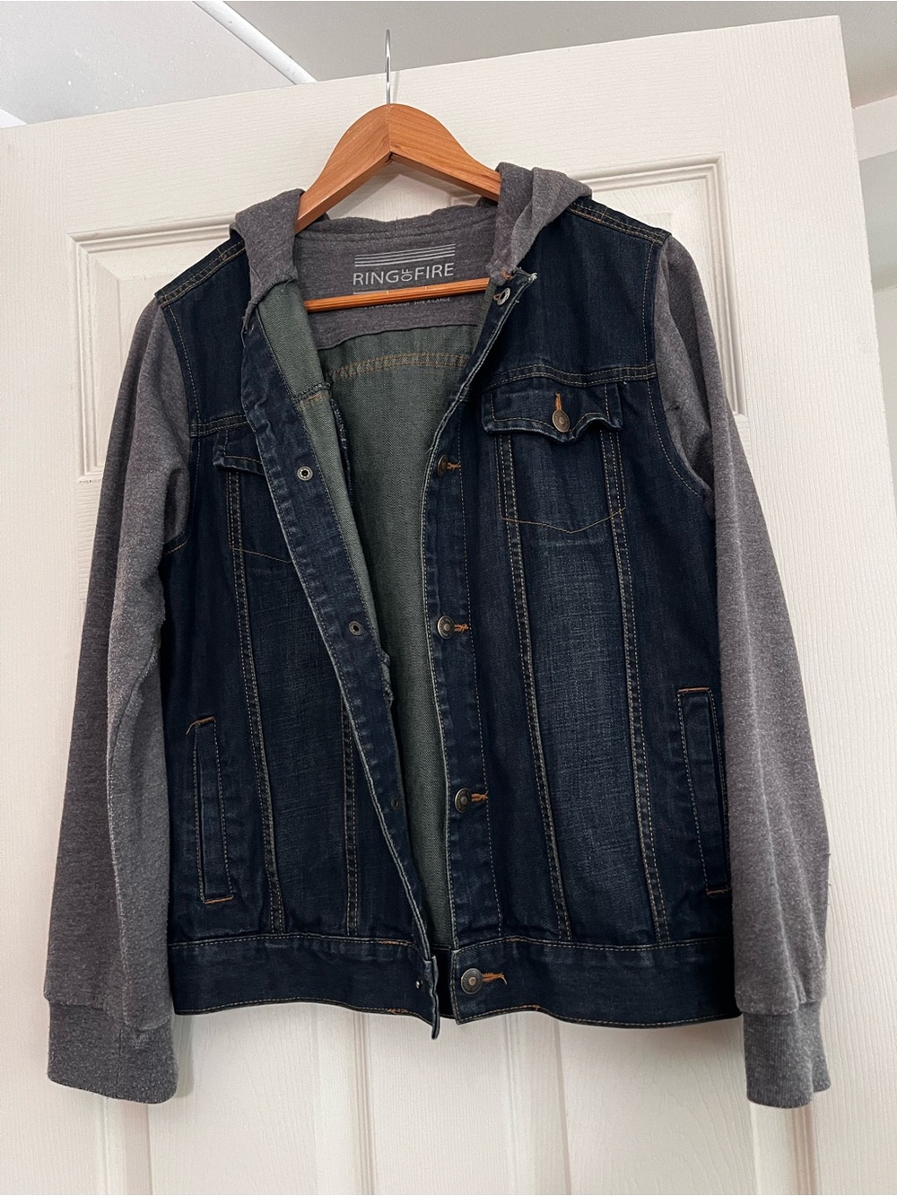 Ring of Fire Boys Youth XL Hooded Denim Jacket Gray Sweatshirt Sleeves Hoodie